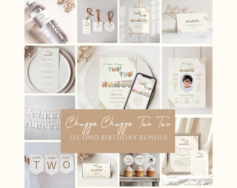 Chugga Chugga Two Two 2Nd Birthday Bundle Template Editable Train Birthday Decor Second Birthday Invite Choo Choo Banner Boy 2nd Canva TR1