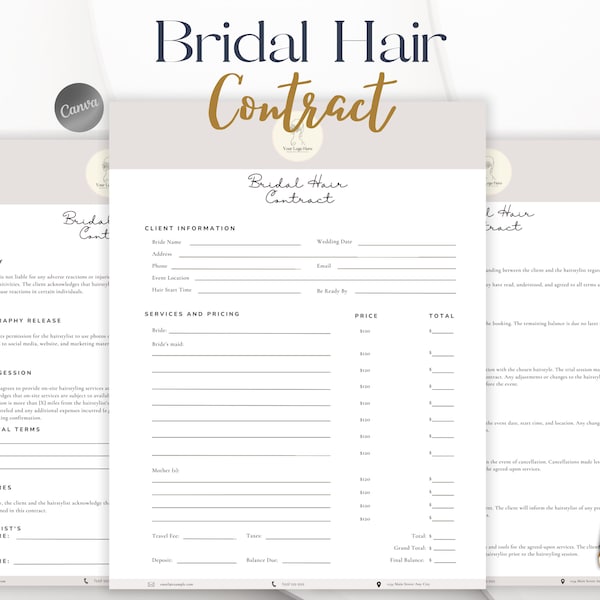 Bridal Hair Contract Template Bridal Hair Contract Agreement Template Bridal and Freelance Hairstylist Contract with Invoice Template Canva