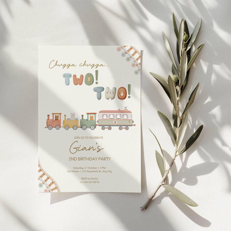 May include: A cream-colored birthday party invitation with a train illustration. The text reads "Chugga chugga... TWO! TWO!" and "Gian's 2nd Birthday Party." The invitation includes date, time, and location details.