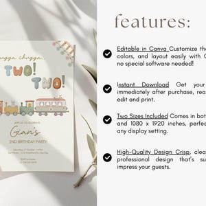 May include: A birthday party invitation with a train illustration. The invitation reads "Chugga chugga... TWO! TWO!" and includes details for Gian's 2nd birthday party. The design is editable in Canva and comes in two sizes: 5x7 inches and 1080 x 1920 inches.