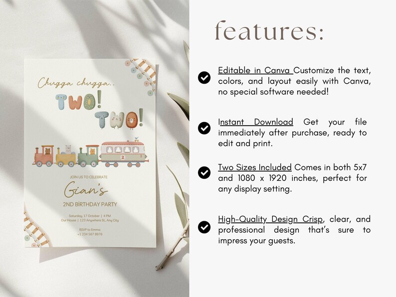 May include: A birthday party invitation with a train illustration. The invitation reads "Chugga chugga... TWO! TWO!" and includes details for Gian's 2nd birthday party. The design is editable in Canva and comes in two sizes: 5x7 inches and 1080 x 1920 inches.