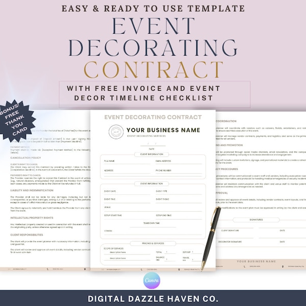 Event Decoration Contract Template - Editable Party Decorator Contract Service Agreement Event Decorating Business Template Bundle Canva