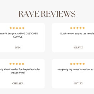 May include: A graphic with the text "RAVE REVIEWS" in a serif font. Four white rectangles display customer testimonials with gold star ratings. The testimonials praise the design, service, and ease of use.