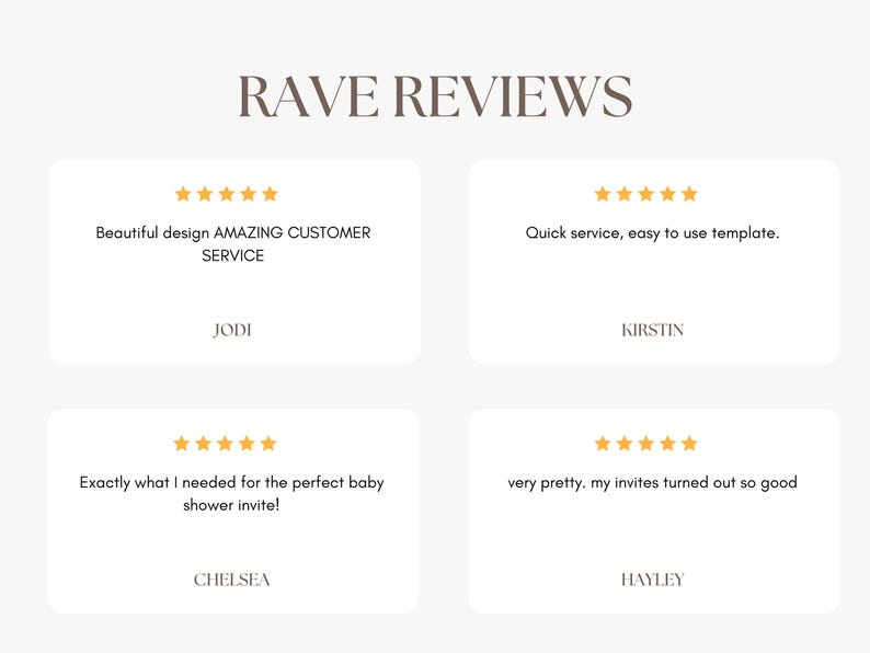 May include: A graphic with the text "RAVE REVIEWS" in a serif font. Four white rectangles display customer testimonials with gold star ratings. The testimonials praise the design, service, and ease of use.