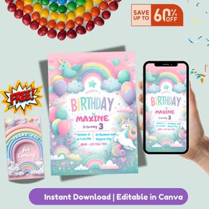 Invito di compleanno modificabile con unicorno arcobaleno Invito per festa di compleanno con unicorno pastello Invito stampabile per festa con unicorno arcobaleno magico per ragazze
