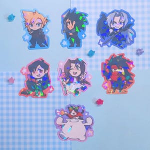 May include: A collection of holographic stickers featuring various anime-style characters. The stickers showcase characters in dynamic poses, with vibrant colors and detailed designs. The stickers are on a light blue background with a checkered pattern and star-shaped embellishments.