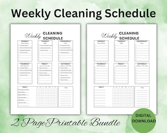 May include: A printable cleaning schedule checklist with two pages. The checklist includes daily, weekly, and monthly tasks. The first page has a checklist for Monday through Saturday, with a separate section for daily tasks. The second page has a checklist for Monday through Saturday, with a separate section for daily tasks. The checklist is black and white.