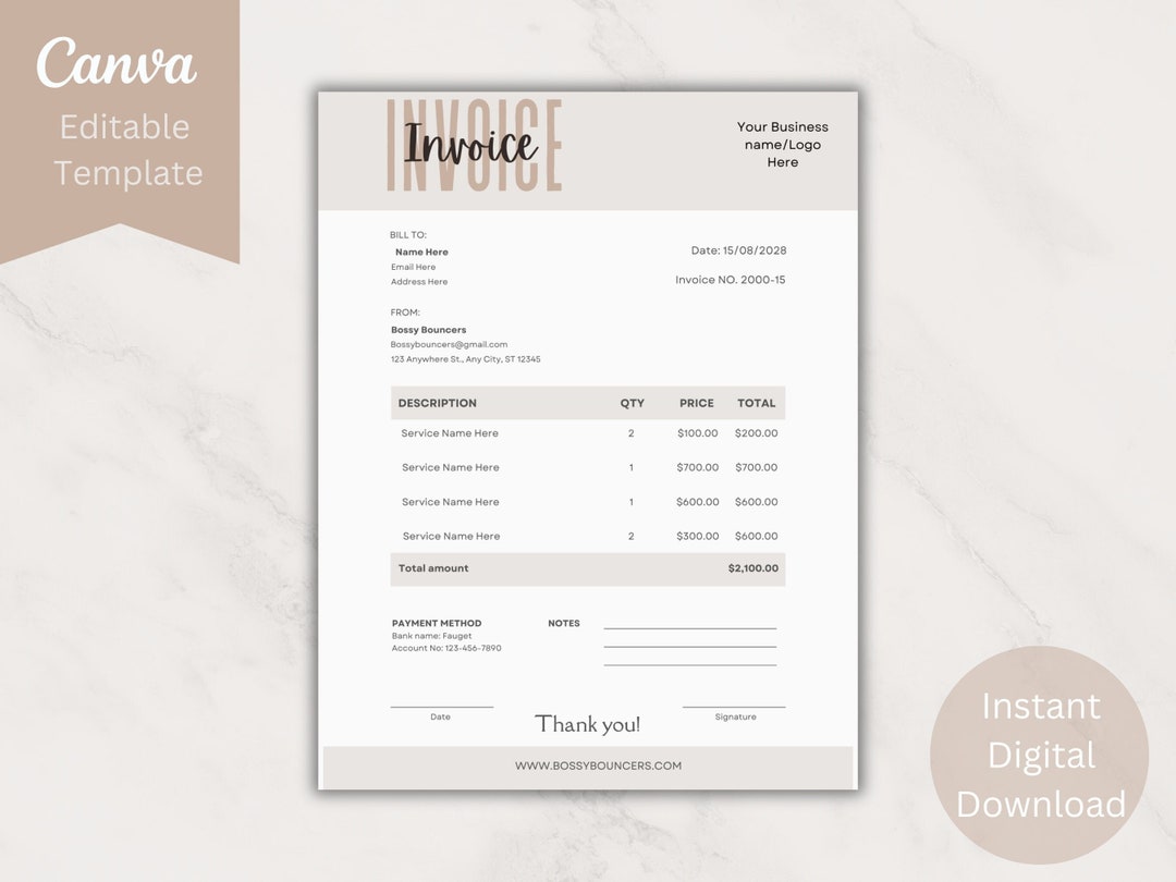 Editable Invoice Template, Customizable Invoice, Printable Invoice ...