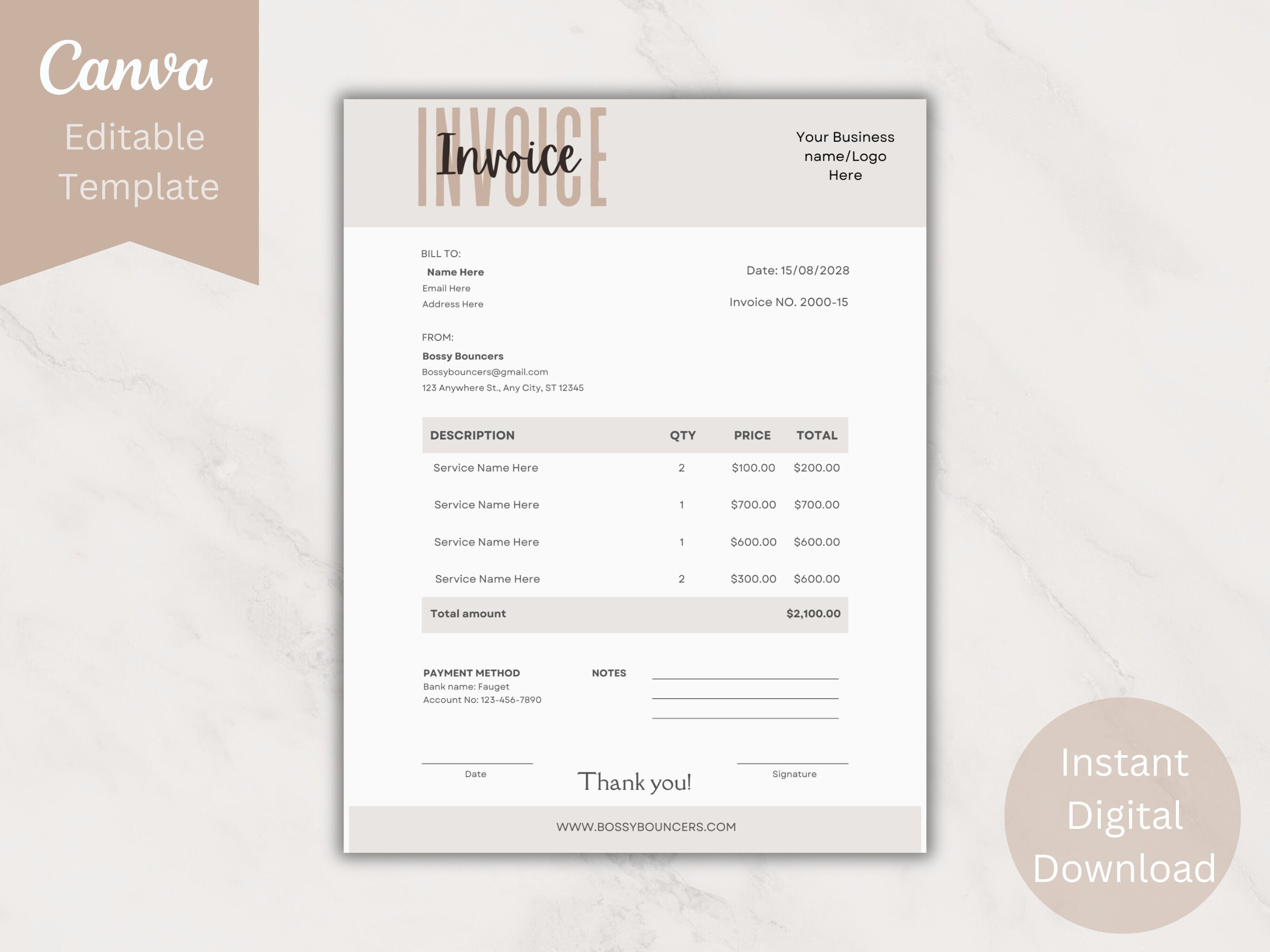 Editable Invoice Template, Customizable Invoice, Printable Invoice ...