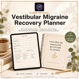 Peut inclure: Un ensemble de planificateur de récupération pour migraine vestibulaire numérique et imprimable, comprenant une tablette affichant un journal quotidien pour suivre les symptômes comme les vertiges, le brouillard mental et la fatigue.