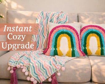 Set di fodere per cuscini trapuntate in stile boho arcobaleno / Coperta multicolore con nappe