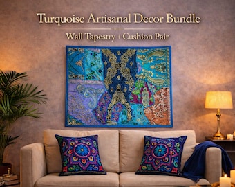 Turkos indisk lapptäcke broderad gobeläng | Djupblå mandala kuddfodral, bohemisk inredning