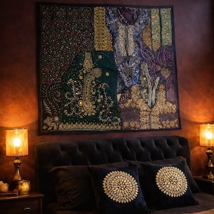 May include: A bedroom scene featuring a vintage tapestry and mandala cushion set. The tapestry is a patchwork of jewel-toned fabrics with gold embellishments. Two black cushions with gold mandala designs rest on a bed. Text reads: Royal Heritage Luxury Bundle, Vintage Tapestry + Mandala Cushion Set, More than décor—a royal story stitched into your home.