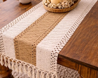 Runner da tavolo in pizzo vintage macramè fatto a mano, cotone intrecciato bianco e marrone, arredamento boho in stile fattoria