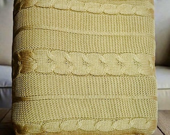 Handwoven Cotton Chunky Cable Knit Throw Blanket, Brown Sofa Blanket (130x150cm)