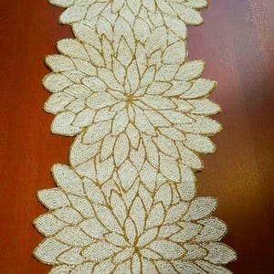 Handmade Wedding Beaded Table Runner – White & Gold Floral Decor