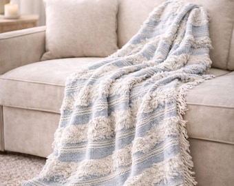 Handwoven Cotton Throw Blanket, White Blue Boho Sofa Decor (50x70 inch)