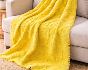 Handmade Yellow Cotton Tufted Throw Blanket, Large Home Decor (140x210 cm)