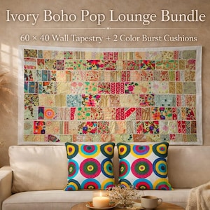 Tapiz de patchwork bohemio color marfil, juego de fundas de cojín bordadas multicolor