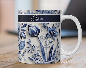 Delft Blue design Opa Mug | Gift for Opa | Opa Gift | Gift for Grandpa | Dutch Delft Blue | Blue Opa Ribbon Father's Day Opa Mug Gift