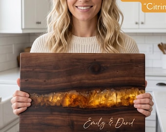 Beautiful 13th "Citrine" Anniversary Gift, Personalized Name Citrine *Glass* Cutting Board, Charcuterie Tray Citrine 13 Years Cheeseboard