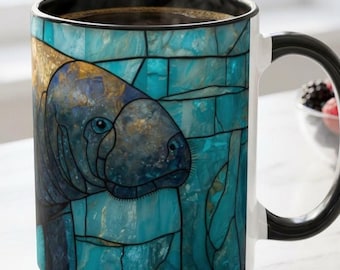Manatee Mug, Stained Glass Inspired Manatee Coffee Mug, Ocean Art Mug, Nautical Decor Tea Cup, Sea Creature Mug, Manatee Lover Gift