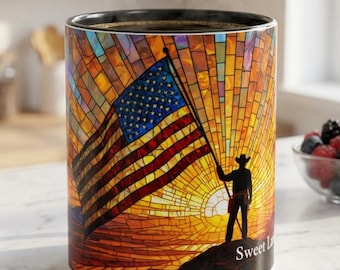 Sweet Land of Liberty Mug, Patriotic Coffee Mug, American Flag Gift, USA 250th Anniversary Cowboy Flag Mug Stained Glass Style, Veteran Gift