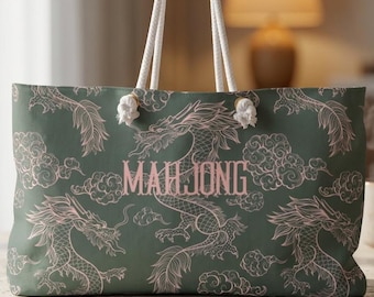 Mahjong Weekender Bag, Mahjong Player Gift, Mahjong Travel Tote, Chinoiserie Dragon Bag, Mahjong Club Accessories, Pink and Green Mahjong