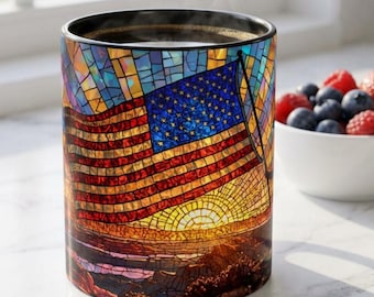 Patriotic Stained Glass Mug, American Flag Sunset Mug, Cowboy Silhouette Mug, USA 250 Anniversary Gift, Veteran Coffee Mug