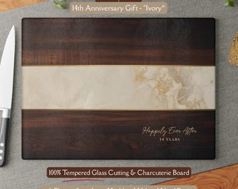 Beautiful 14th Ivory Anniversary Gift Ivory Marble-Design *Glass* Cutting Board Charcuterie Tray Faux Marble Cheeseboard Ivory 14 Year Gift