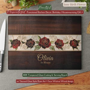 Personalized June Birth Flower *Glass* Cutting Board, Rose Cheese Board Custom Name Charcuterie Tray Summer Birthday Gift