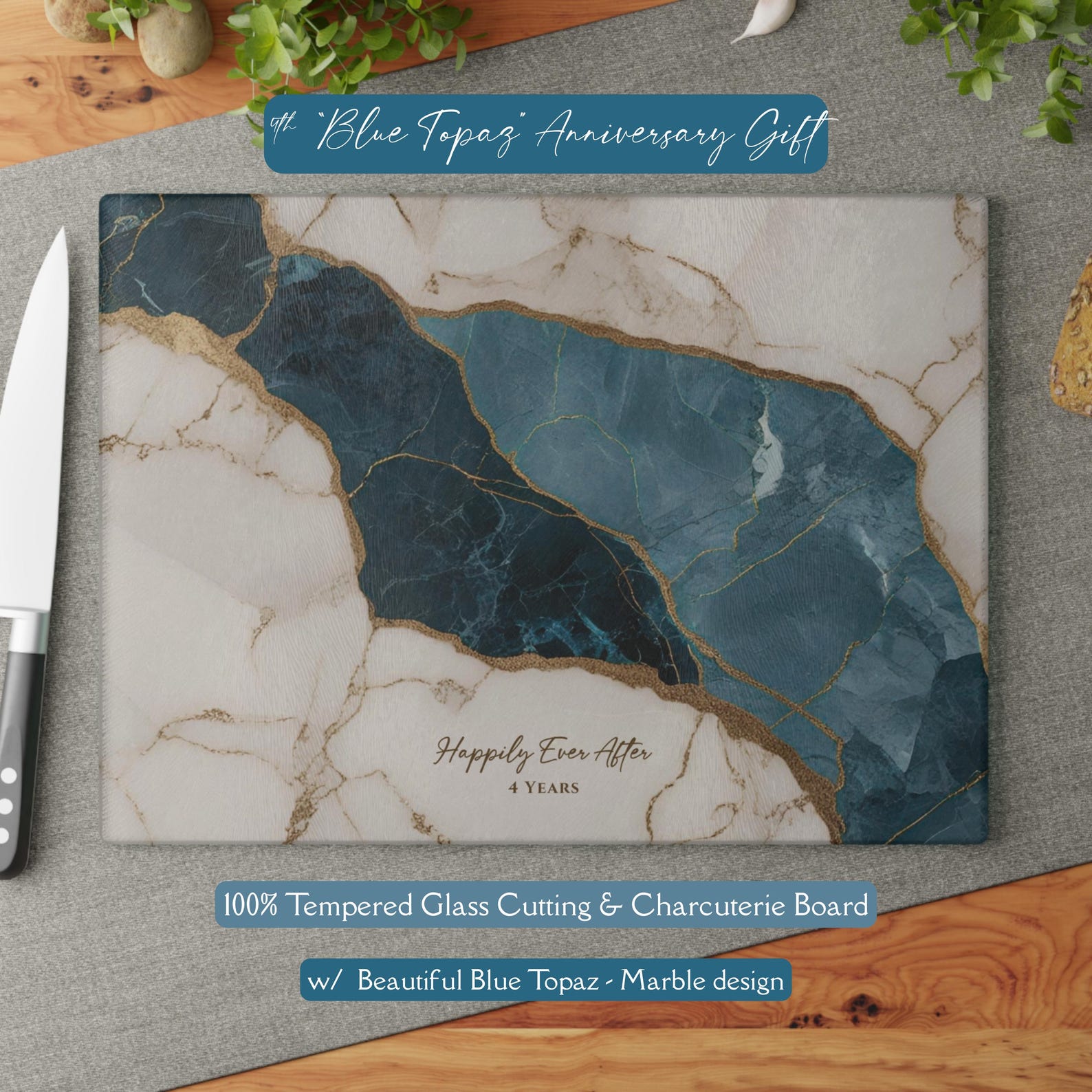 Beautiful Blue Marble-Design *Glass* Cutting Board Charcuterie Tray