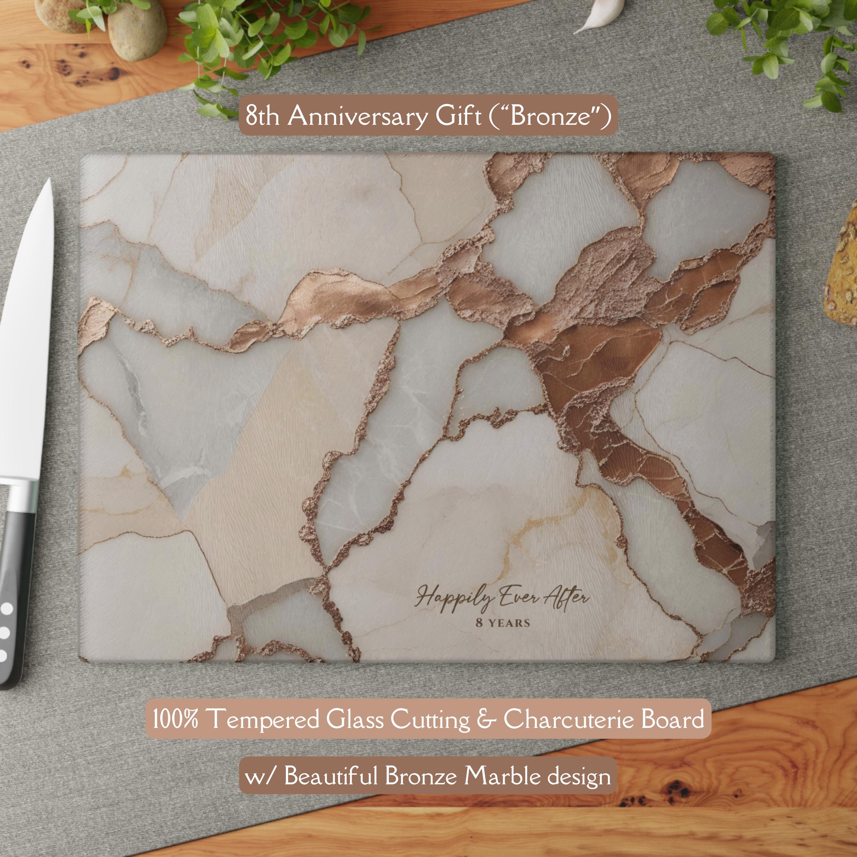 Beautiful 8th Anniversary Bronze-Marble-design *Glass* Cutting & Serving Board 8th Wedding Anniversary Gift 8th Anniversary Charcuterie Tray