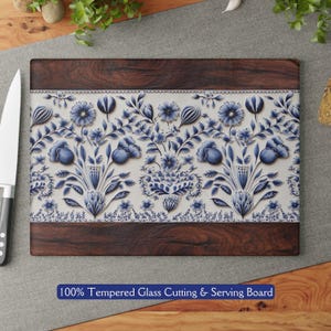 Beautiful Cutting & Serving Board, Delft Blue with Wood Trim design Glass Cutting Board Charcuterie Board Housewarming Gift for Oma Holland