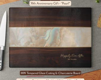 Beautiful 30th Pearl Anniversary Gift Marbled Pearl-Design *Glass* Cutting Board Charcuterie Tray Faux 30 Pearl Cheeseboard 30th Anniversary