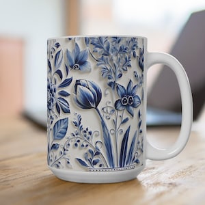 Beautiful Delft Blue-design Mug, 15oz | Gift for Her | Gift for Oma | Gift for Mom | Dutch Delft Blue Design Mug | Tulip Mug Delft Blue Oma