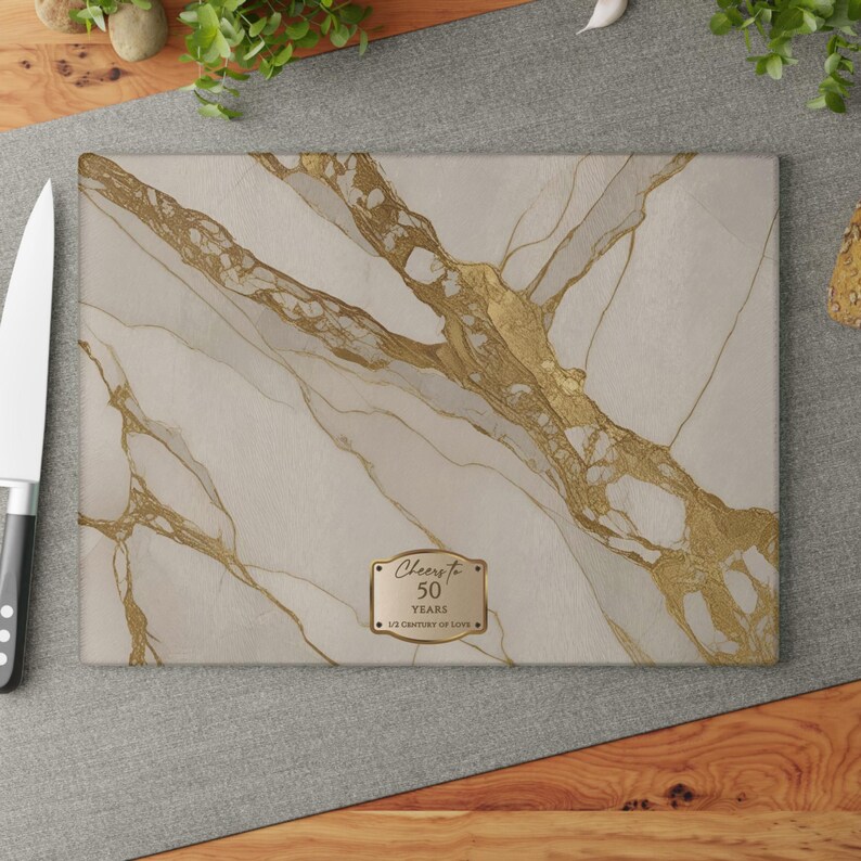 50th Anniversary Gold & Cream Marble-design *Glass* Cutting Board, Charcuterie Board Faux Marble Serving Board Cheeseboard 50th Wedding Gift image 8