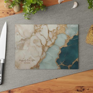 50th Anniversary Gold & Teal Marble-design *Glass* Cutting Board, 50 Years Charcuterie Board Faux Marble 50th Gift Serving Tray Cheeseboard image 2