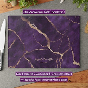 Beautiful 33rd "Amethyst" Anniversary Gift Marble-design *Glass* Cutting Board Charcuterie Board Purple Cheeseboard 33rd Wedding Gift Couple