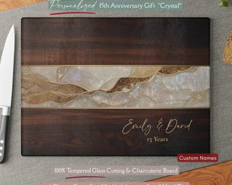 Personalized 15th Anniversary Gift, Crystal Inspired *Glass* Cutting Board, 15 Year Wedding Keepsake Crystal Year Gift Crystal Art Faux Wood