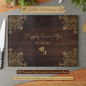50th &quot;Golden&quot; Anniversary *Glass* Cutting & Serving Board, 50 Year Anniversary Gift, Elegant Faux Wood w Gold Design, Custom Charcuterie