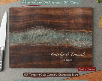 Personalized 15th Anniversary Gift, Crystal Inspired *Glass* Cutting Board, 15 Year Wedding Keepsake, Crystal Year Gift, Faux Resin Wood