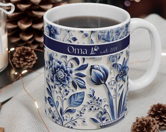 Delft Blue Oma Est 2024 Mug | Gift for Oma | Oma Gift | Gift for Grandma | Grandchild Announcement Gift Dutch Delft Blue Baby Reveal