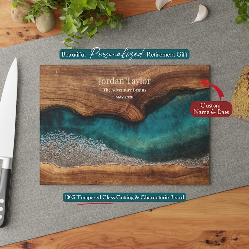 Retirement Gift Glass Cutting Board, Personalized Retirement Gift, Teal Ocean Coastal Kitchen Decor, New Chapter Gift, Beach Retirement Gift Bild 2