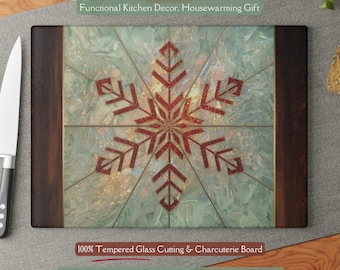 Beautiful Holiday Glass Cutting Board, Opal Mosaic Snowflake Kitchen Décor, Christmas Hostess Gift Serving Board Winter Housewarming Gift
