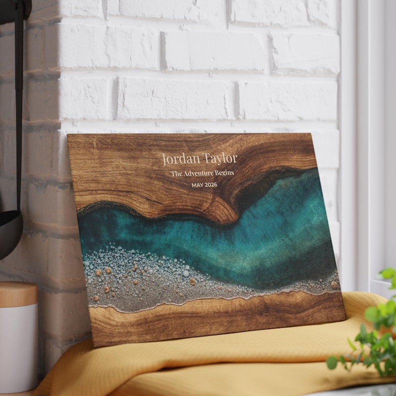 Retirement Gift Glass Cutting Board, Personalized Retirement Gift, Teal Ocean Coastal Kitchen Decor, New Chapter Gift, Beach Retirement Gift Bild 3