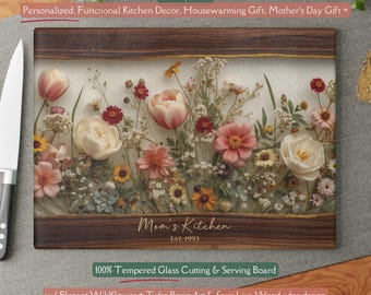 Personalized Mom's Kitchen *Glass* Cutting Board, Custom Family Name Gift, Botanical Mothers Day Gift Idea, Floral Resin Style Kitchen Decor