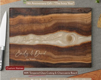 Personalized 14th Anniversary Gift, Ivory Inspired *Glass* Cutting Board, 14 Year Wedding Keepsake, Ivory Year Gift, Faux Resin Wood Design
