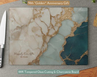 50th Anniversary Gold & Teal Marble-design *Glass* Cutting Board, 50 Years Charcuterie Board Faux Marble 50th Gift Serving Tray Cheeseboard