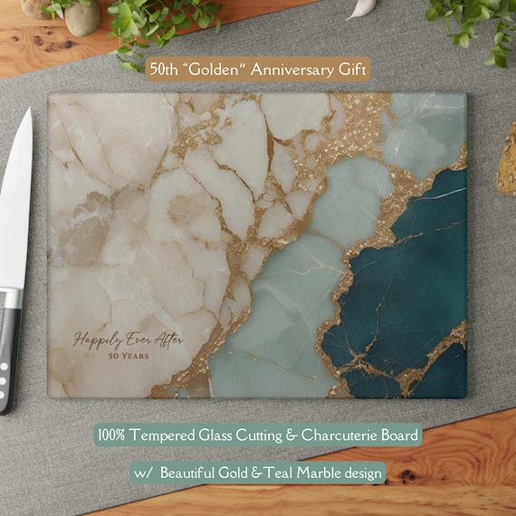 50th Anniversary Gold & Teal Marble-design *Glass* Cutting Board, 50 Years Charcuterie Board Faux Marble 50th Gift Serving Tray Cheeseboard